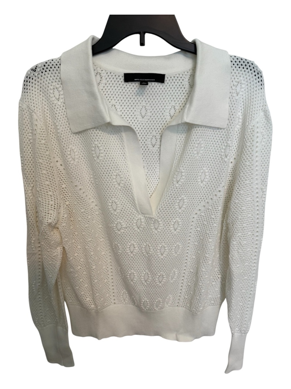 White House Black Market Cream Open-Knit V-Neck Polo Sweater